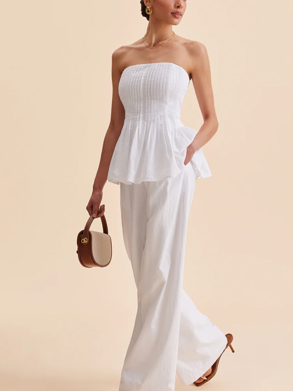 COMMENSE Cotton Pleated Strapless Peplum Top - Picture 2 of 7